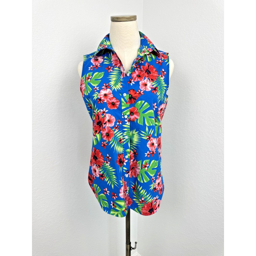 Lands' End Polo Tropical Floral Button Up Sleeveless Shirt Supima Cotton No Iron